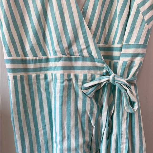 NWT Draper James Teal and White Puff Sleeve True Wrap Linen Mini Dress - Size XL - Picture 7 of 16